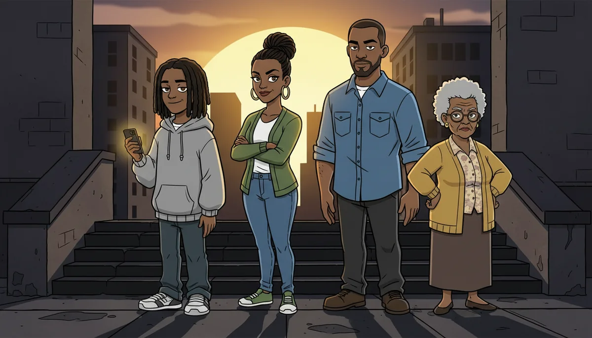 The family standing together on a city stoop at sunrise.