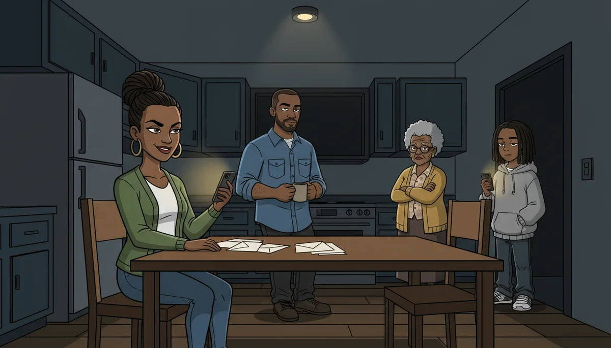 A family in a dark kitchen at night, Mom at the table with her phone glowing.